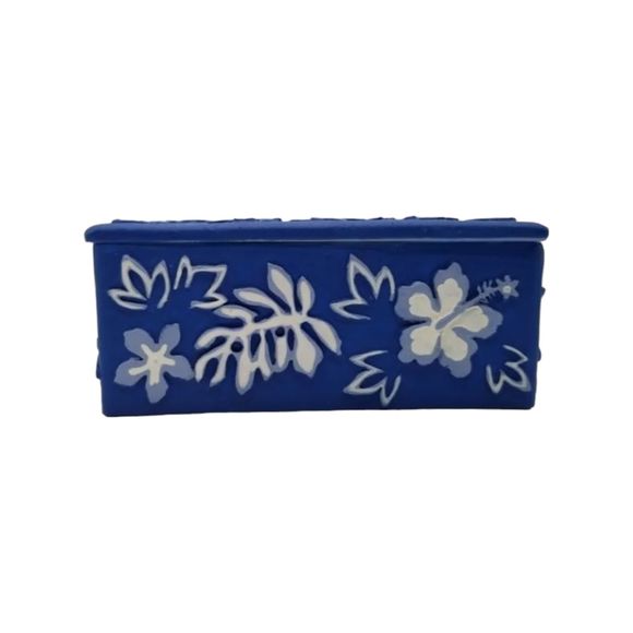 Trinket Box Hawaiian Blue & White Floral Botanical Ceramic KC Company - Picture 3 of 6